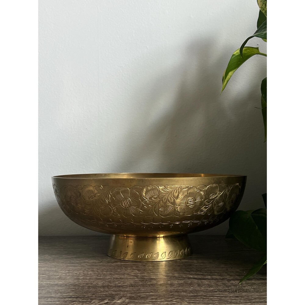 Large Vintage Etched Brass Pedestal Bowl